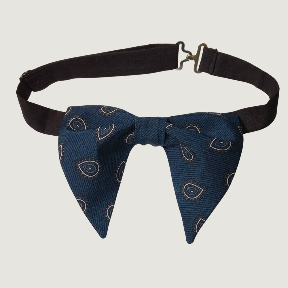 Mens Navy Blue Paisley Pointed Bow Tie Pre-Tied Adjustable Formal Neckwear
